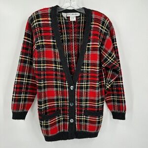 Women Old Money Royal Stewart Tartan Plaid Wool Cardigan Size S Vintage Heritage